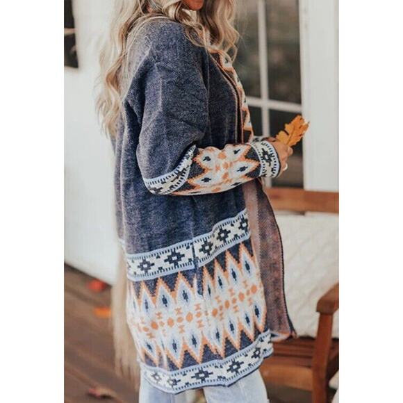 Aztec Print Cardigan Size Small By Impressions Oversized Blue Gray Yellow - Picture 5 of 10